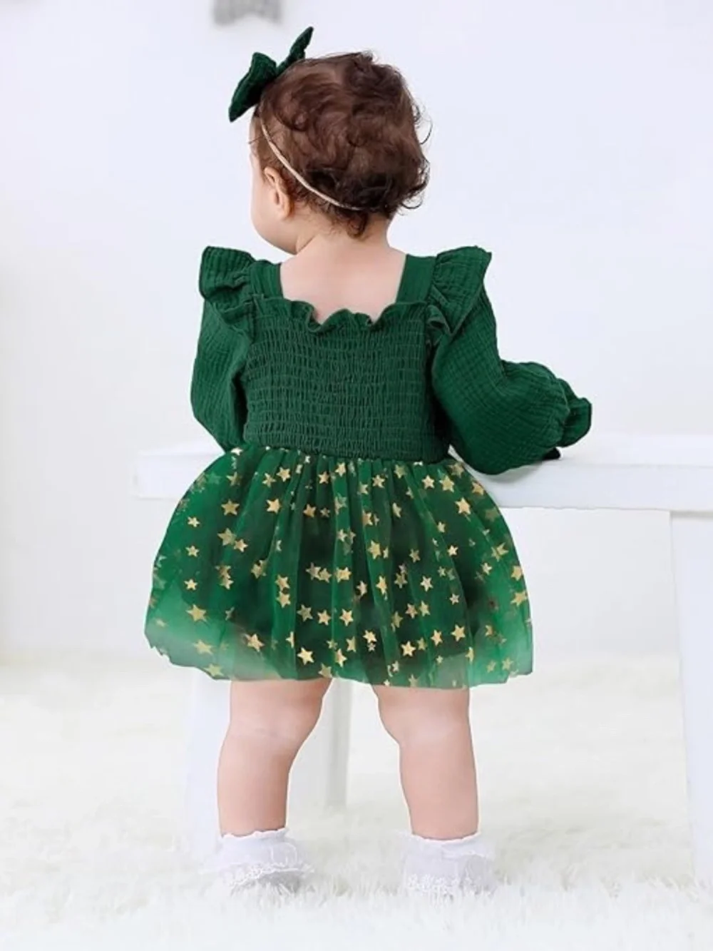 Baby Girl ONE Birthday Tulle Romper Green Gold Stars 3-6M